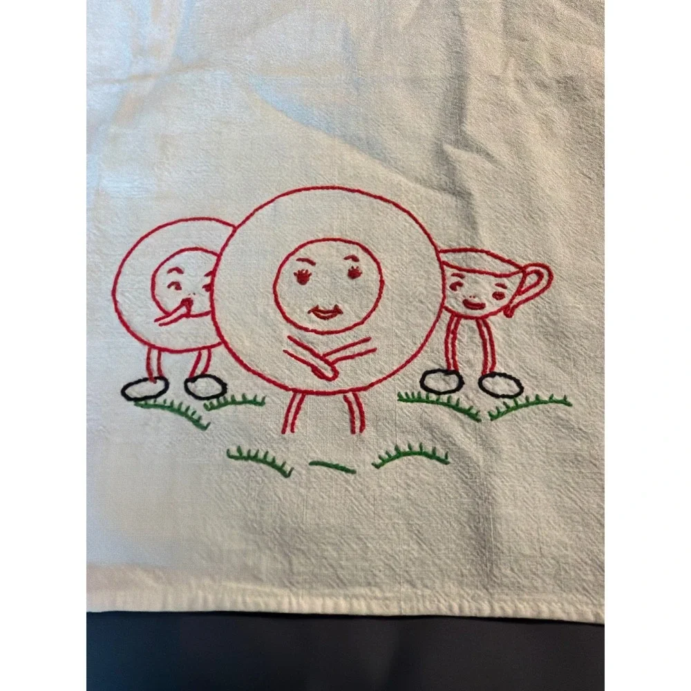 Vintage Hand Embroidered Tea Towel White Cotton Anthropomorphic Plates Teacup